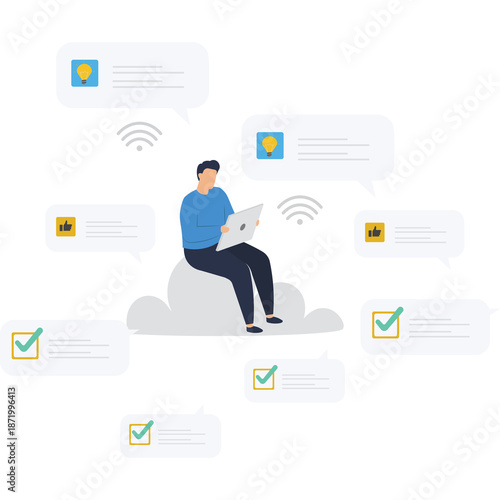 Cuadro en lienzo Flat vector style illustration of support specialist communicating task checklis