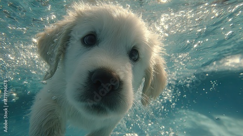 Golden retriever puppy swimming underwater with a close up perspective
