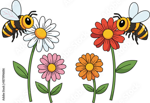 Cartoon bees and flowers illustration, colorful pollination scene vector, nature interaction artwork, spring garden design, ecological insect character drawing