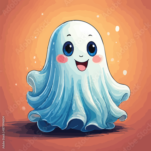 Cute Cartoon Ghost with Big Eyes and Rosy Cheeks.
