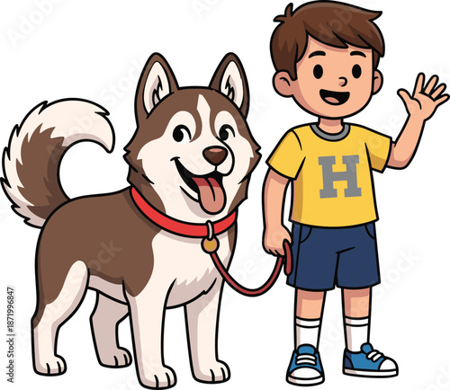 Cartoon boy with dog, friendly pet illustration, outdoor activity vector, smiling child character, leash walk scene, playful companion artwork