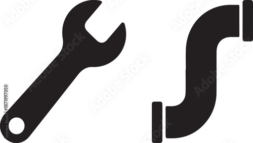 Black wrench and curved pipe fitting isolated on white background plumbing tool