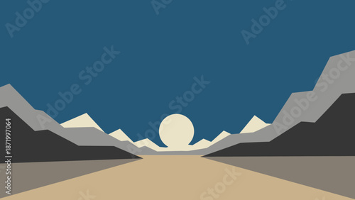 Minimalist mountain landscape with setting or rising sun, serene natural scene