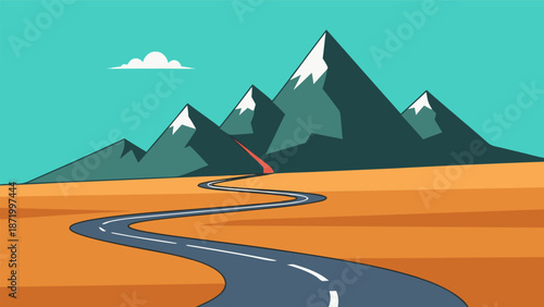 A winding road leading towards majestic snow-capped mountains under a clear blue sky, vector illustration