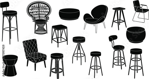Chair silhouettes, stool icons, armchair vector, modern seating furniture, interior decor elements,