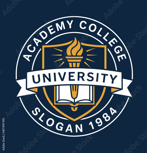 Academy College University Slogan 1984 with Torch and Book Symbol