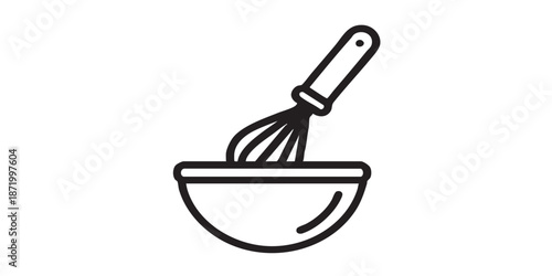 Cooking vector icon with whisk and bowl, stirring and baking symbol, outline and filled style, clean black line and solid design, minimal flat icon, isolated on transparent background, suitable for UI