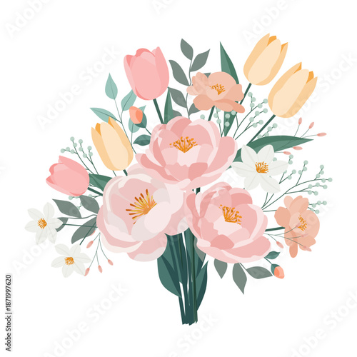 Light pastel floral bouquet with peonies tulips and wild flowers