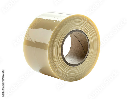 A roll of clear, shiny tape, with a central cardboard core, isolated