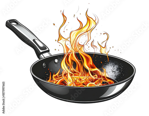 A frying pan ablaze with stylized flames on a black background