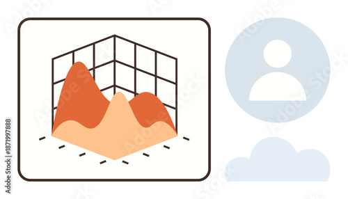 Data analysis, technology, user profiles, cloud computing, personal information, research. 3D chart with axis and grid, profile icon and cloud. Data analysis and technology concept