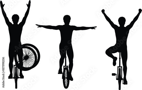 Dynamic silhouette illustration of skilled unicycle riders performing balanced freestyle tricks, showcasing athletic movement, body control, and coordinated stunts, perfect for sports vector design 