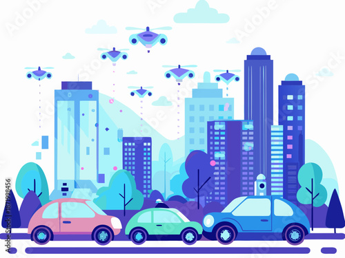 Autonomous vehicles driving through a futuristic cityscape with drones