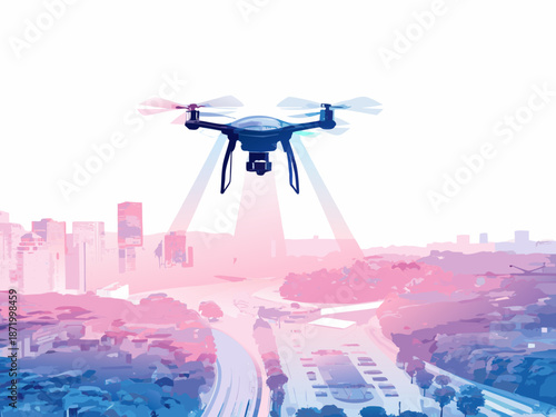 Drone flying over cityscape with vibrant pink and blue hues