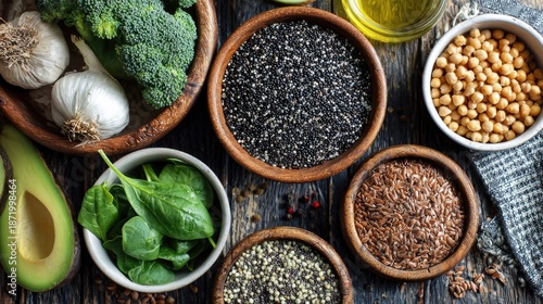 Healthy food assortment with vegetables seeds and legumes on wooden surface