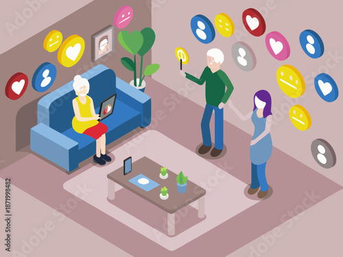 Elderly couple and young woman interacting with technology at home