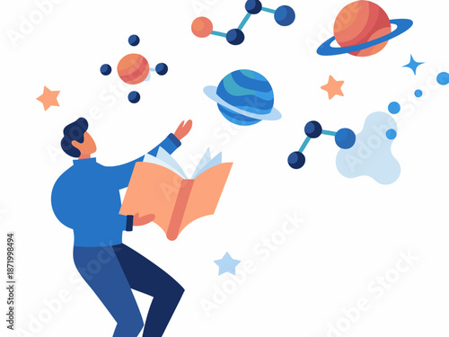 Man exploring astronomy with open book and planets floating by