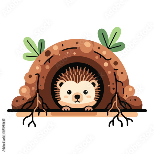 A cartoon hedgehog peeking out from a brown, leafy burrow with green leaves on a white background.