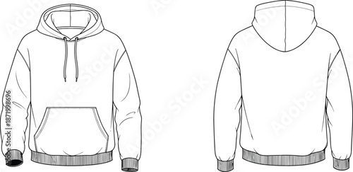 Hooded sweatshirt technical sketch, front and back view, kangaroo pocket hoodie, fashion flat drawing, cad drawing flat vector illustration