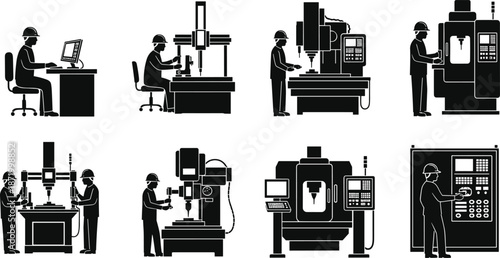Industrial CNC machining workflow with operators, factory manufacturing process icons showing milling, drilling, turning machines in modern production environment, industrial automation