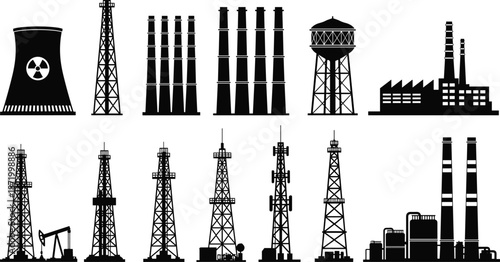 Industrial facility icon set, energy and communication towers, factory silhouette vector, infrastructure illustration, cad drawing flat vector illustration, black graphic symbols