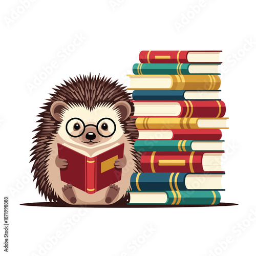 A cartoon hedgehog wearing glasses reads a red book next to a stack of colorful books on a white background with a playful and educational mood.