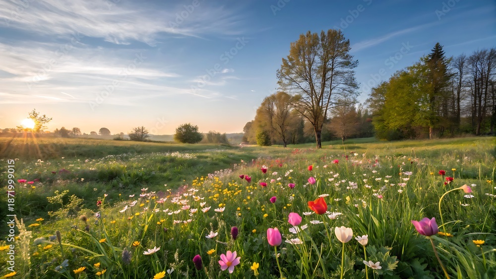 Fototapeta premium Sunlit spring meadow with flowering plants and blue sky, suited for seasonal backgrounds