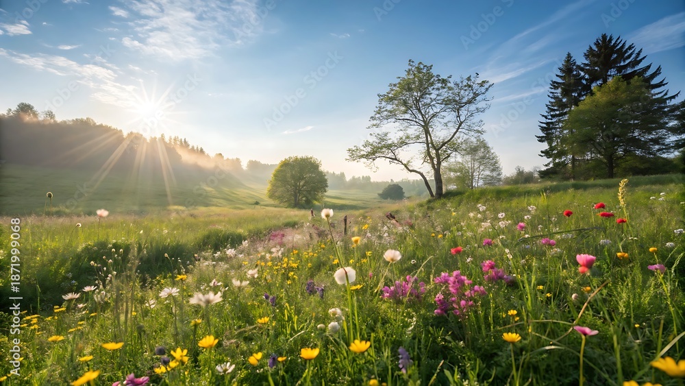 Obraz premium Sunlit spring meadow with flowering plants and blue sky, suited for seasonal backgrounds