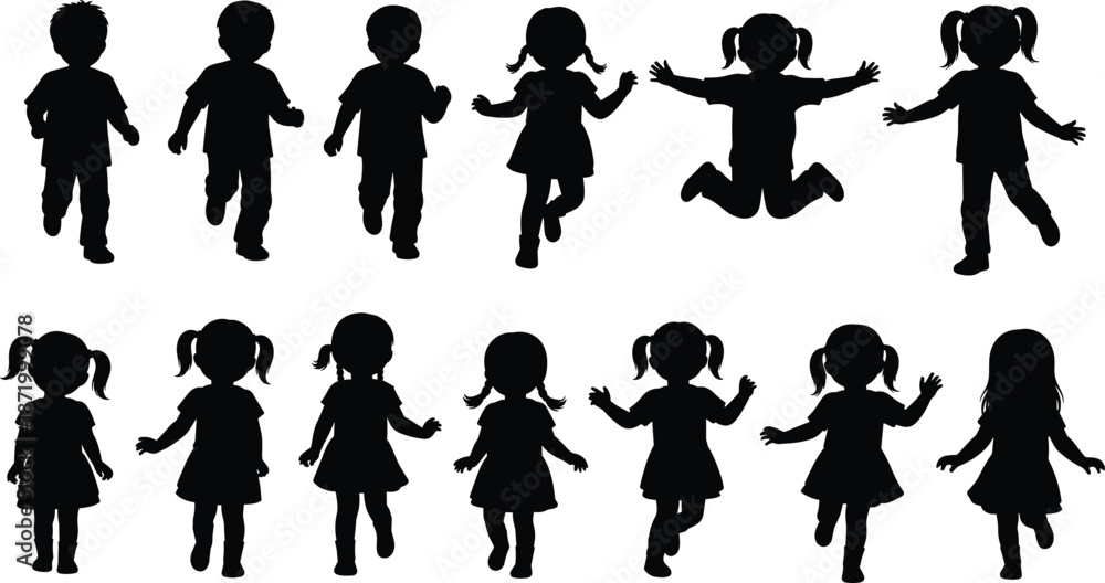 Obraz premium Silhouette of playful young children walking, running and jumping in various poses expressing joy, movement and carefree childhood energy