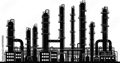 Industrial refinery silhouette vector, chemical plant illustration, oil processing facility design, distillation column structure, black factory outline for engineering content.
