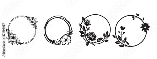 Floral Circle Frame Set Black and White Elegant Botanical Wreath Designs