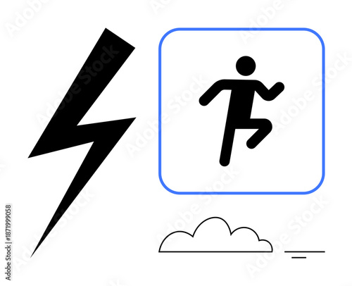 Energy concept. Energy symbol with lightning bolt and running figure in a square, action and vitality. Energy implies motion and speed. For fitness, motivation, digital, environment, athletics