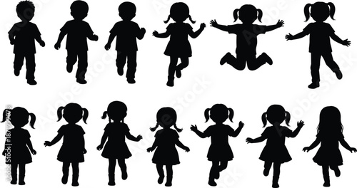 Silhouette of playful young children walking, running and jumping in various poses expressing joy, movement and carefree childhood energy