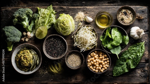 Fresh vegetables and ingredients artfully arranged on rustic wooden surface