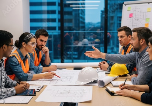 Construction professionals collaborate around blueprints during an office meeting with city buildings visible through windows