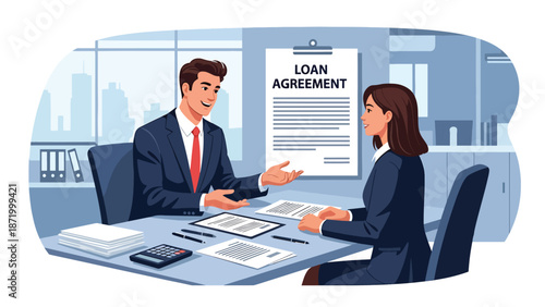 Flat vector illustration of a banker explaining a credit loan agreement to a client in a modern bank office, representing lending services, credit approval, interest rates, and financial compliance