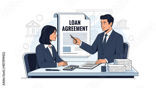 Flat vector illustration of a banker explaining a credit loan agreement to a client in a modern bank office, representing lending services, credit approval, interest rates, and financial compliance