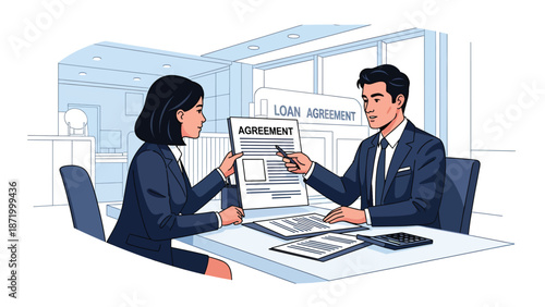 Flat vector illustration of a banker explaining a credit loan agreement to a client in a modern bank office, representing lending services, credit approval, interest rates, and financial compliance
