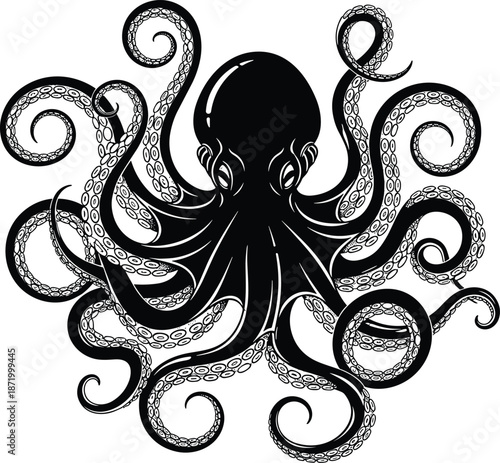 Octopus silhouette illustration, black and white marine art, swirling tentacle vector drawing, sea creature design, cad drawing flat vector illustration