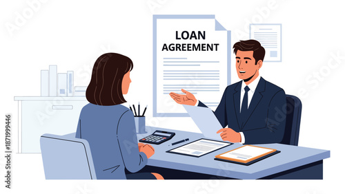 Flat vector illustration of a banker explaining a credit loan agreement to a client in a modern bank office, representing lending services, credit approval, interest rates, and financial compliance