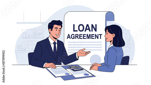 Flat vector illustration of a banker explaining a credit loan agreement to a client in a modern bank office, representing lending services, credit approval, interest rates, and financial compliance