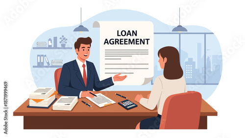 Flat vector illustration of a banker explaining a credit loan agreement to a client in a modern bank office, representing lending services, credit approval, interest rates, and financial compliance