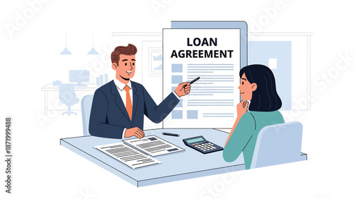 Flat vector illustration of a banker explaining a credit loan agreement to a client in a modern bank office, representing lending services, credit approval, interest rates, and financial compliance