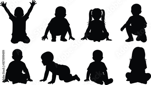 Silhouettes of babies and toddlers crawling, sitting, and raising arms in playful poses, representing early childhood development, growth, and motor skills