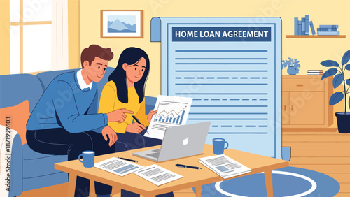 Flat vector illustration of a couple reviewing home loan agreement documents on a sofa, representing mortgage planning, credit approval, household finance, lending decisions, and property ownership