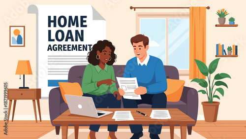 Flat vector illustration of a couple reviewing home loan agreement documents on a sofa, representing mortgage planning, credit approval, household finance, lending decisions, and property ownership