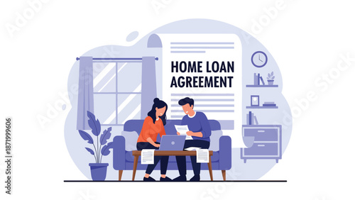 Flat vector illustration of a couple reviewing home loan agreement documents on a sofa, representing mortgage planning, credit approval, household finance, lending decisions, and property ownership