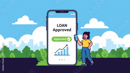 Flat vector illustration of mobile loan approval notification with person using smartphone, representing digital credit approval, online lending services, fintech solutions, and modern financial 