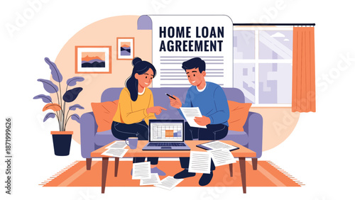 Flat vector illustration of a couple reviewing home loan agreement documents on a sofa, representing mortgage planning, credit approval, household finance, lending decisions, and property ownership