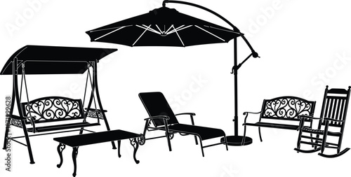 Outdoor garden furniture silhouettes, patio umbrella swing chair bench table lounger, backyard relaxation setup, outdoor seating vector illustration